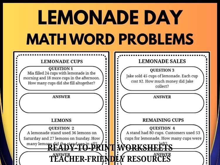 Sweet & Simple Lemonade Math | National Lemonade Day Word Problems | Grades 2–8