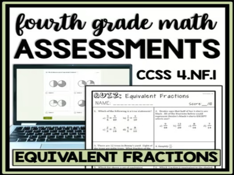 4th Grade Equivalent Fractions Assessment, Practice Quiz, Review Math Worksheet