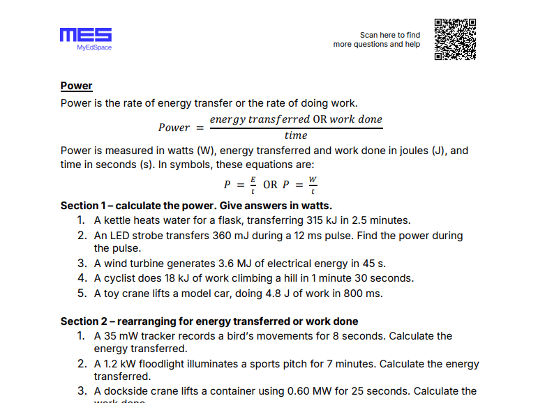 GCSE Physics AQA HT Topic 1: Energy - Power Worksheet