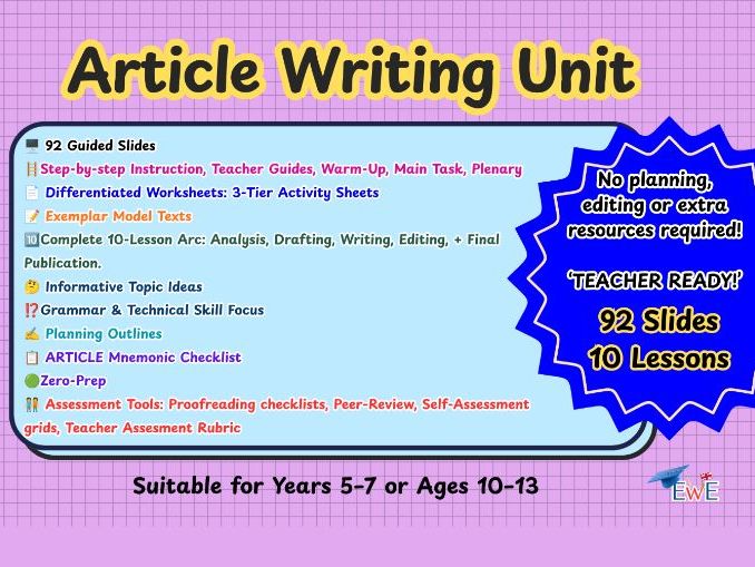 Article Writing Unit, Full Teaching Slides, Worksheets + Y5, Y6, Y7 +