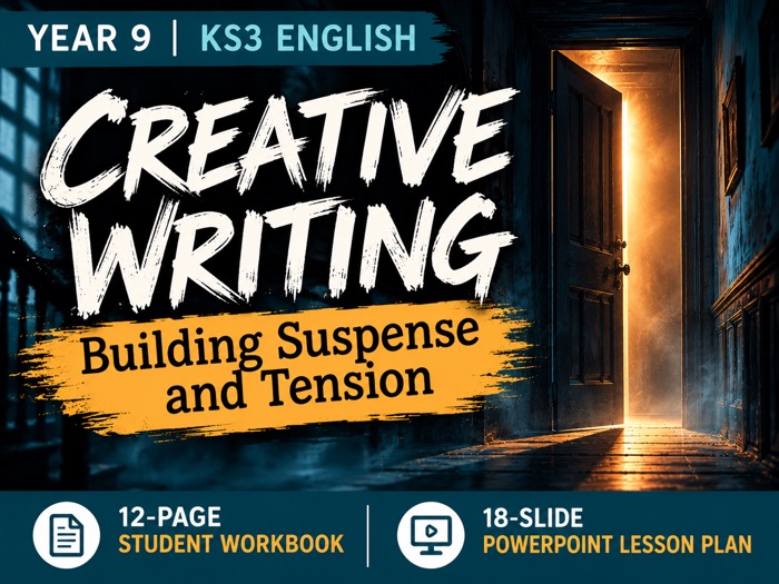 Creative Writing: Suspense and Tension Year 9 KS3 English 18 slide powerpoint and workbook