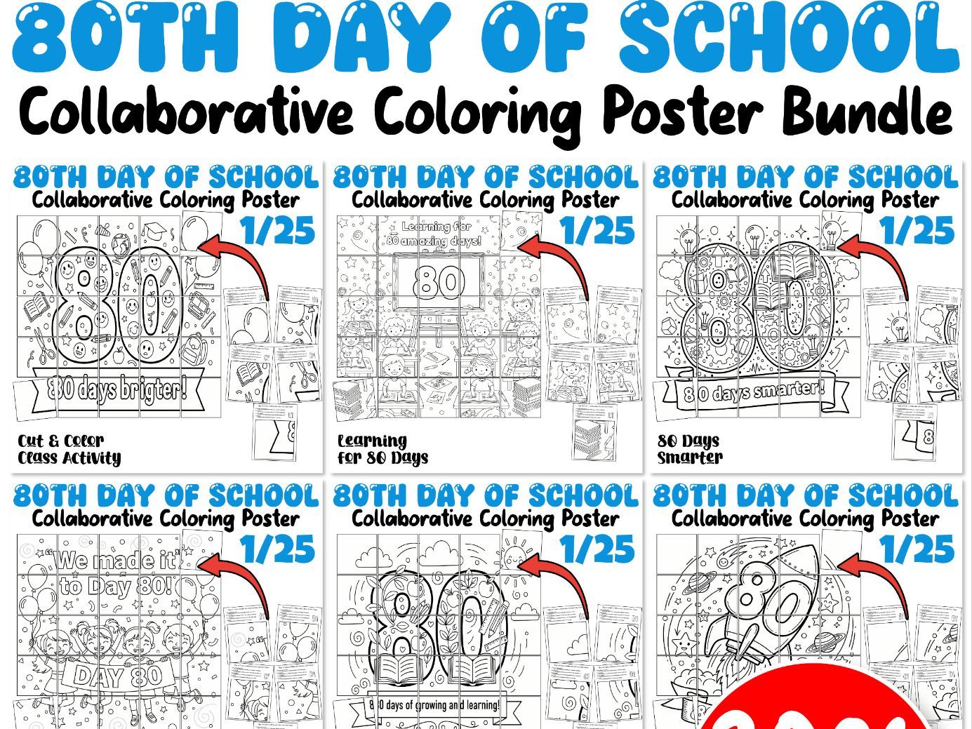 80th Day of School Collaborative Coloring Posters Bundle | 6 Class Activities