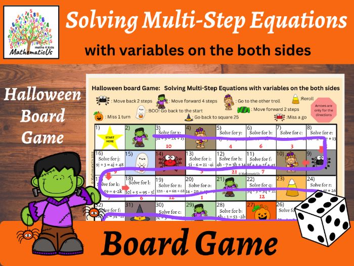 Solving Multy-Steps Linear Equations Maths Halloween board Dice Game
