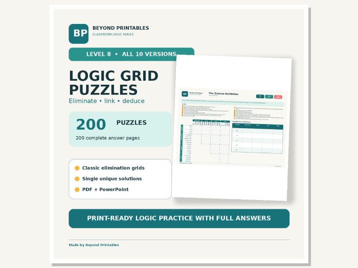 Logic Grid Puzzles Level 8: Five-Category Challenge | Complete 200-Puzzle Pack