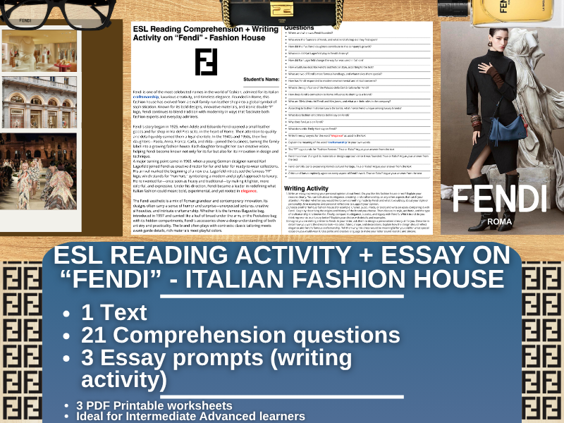 ESL Reading Comprehension + Writing Activity Worksheets - Fendi - Fashion House