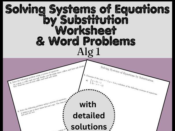Solving Systems of Equations by Substitution Worksheet & Word Problems Alg 1