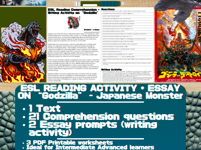 ESL Reading Comprehension + Writing Activity - Godzilla - Japanese Monster