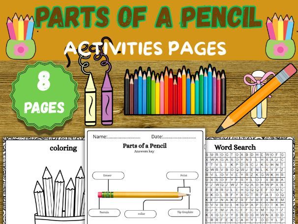 Parts of a Pencil|Labeling|Word Search|Coloring|Maze Worksheets