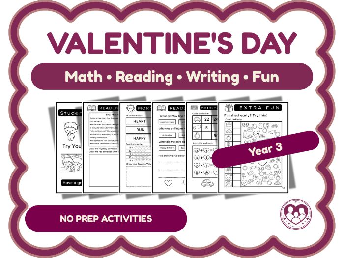 Valentine's Day No Prep Activities (2nd Grade) | Math, Reading, Writing & Fun