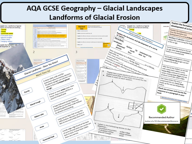 AQA GCSE Glacial Landscapes -Erosional Landforms, Complete Lesson and Supporting Resources.