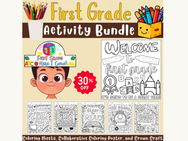 First Grade Back to School Bundle | Coloring Sheets, Craft Activities...