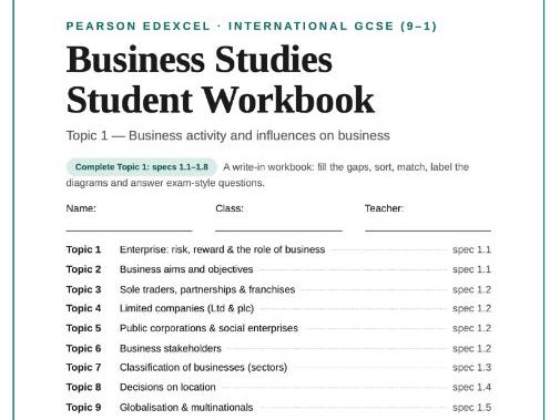 IGCSE/GCSE Business studies workbooks-activities/recall activities/learning objectives/exam question