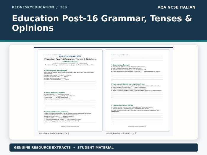AQA GCSE Italian – Education Post-16 Grammar, Tenses & Opinions