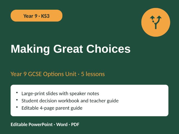 Year 9 GCSE Options Unit: Making Great Choices. 5 Lessons + Parent Guide | KS3