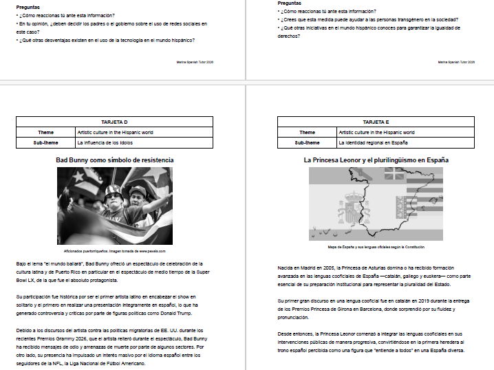 A-level Spanish AQA - 12 Stimulus cards (A-L) based on current topics (2026)