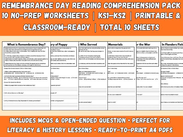 Remembrance Day Reading Comprehension KS1–KS2 | Literacy Worksheets | No Prep
