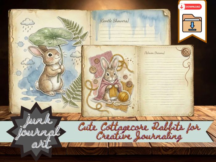Cottagecore Bunny Junk Journal Kit, Junk Journal Ephemera, petals and parchment