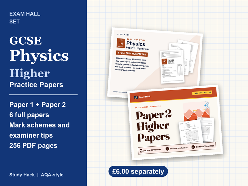 GCSE Physics Higher Practice Papers Bundle: Paper 1 and 2, 6 papers with mark schemes (AQA-style)