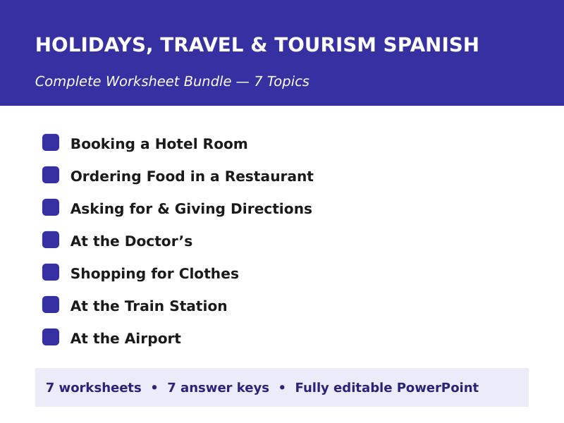 Holidays, Travel & Tourism Spanish – Complete Conti-Style Worksheet Bundle (7 Topics)