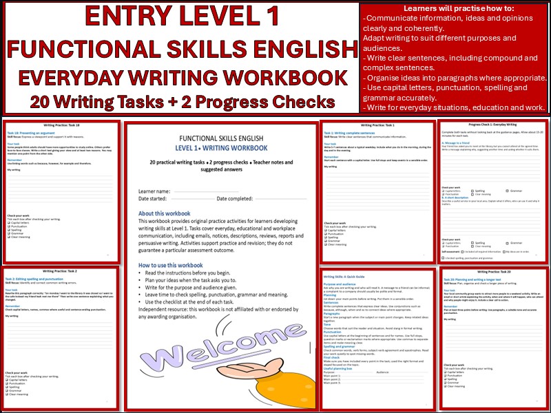 Functional Skills English Level 1 Writing Workbook | 20 Writing Tasks