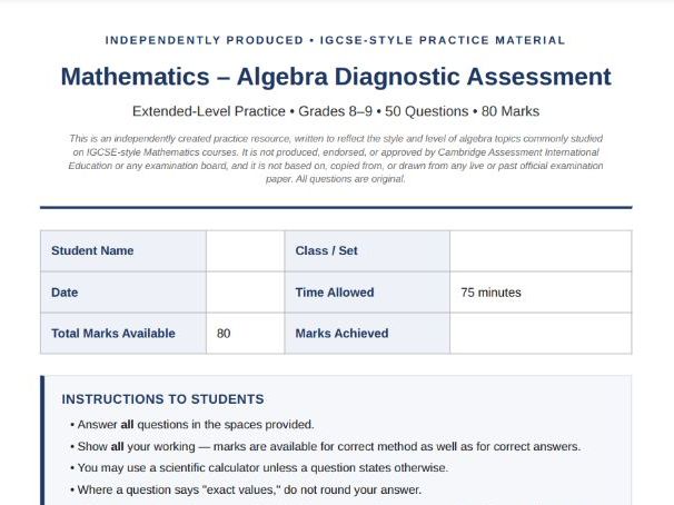 IGCSE-Style Mathematics –Algebra Diagnostic Assessment | Questions + Full Mark Scheme