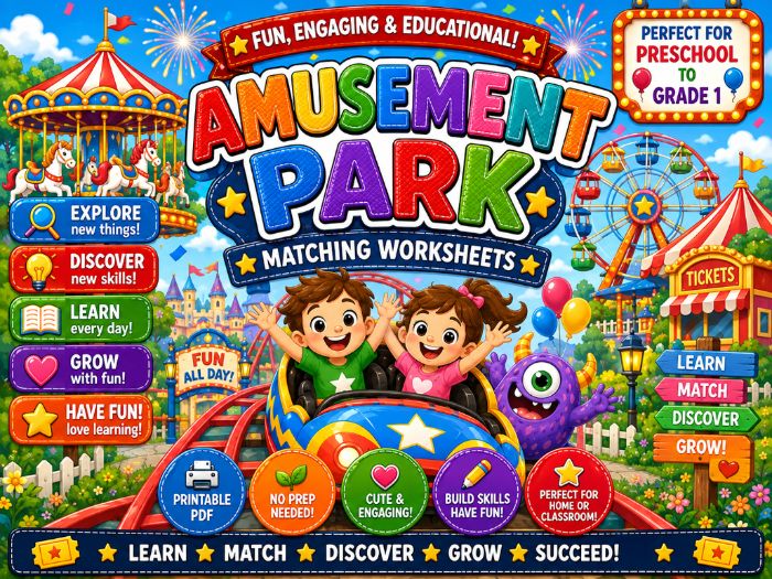 Amusement Park Matching Worksheets | Picture, Letters, Numbers, Shapes & Colors | Preschool–Grade 1