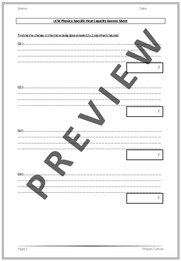 Specific Heat Worksheet w/answers GCSE Physics | Teaching Resources