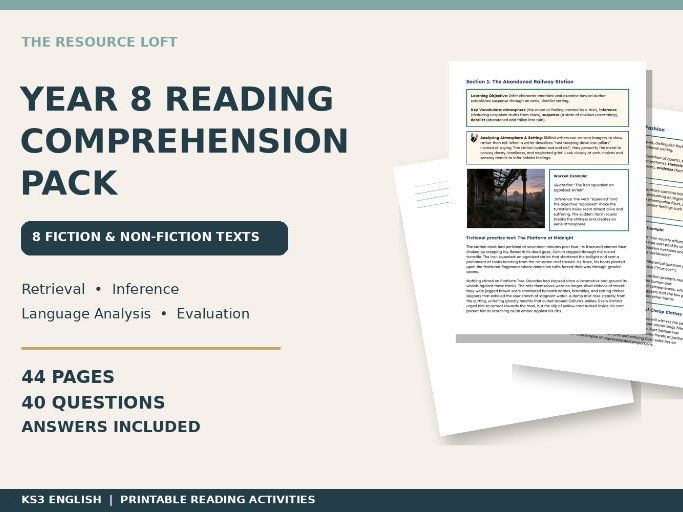 Year 8 Reading Comprehension Pack | KS3 English Worksheets | 8 Texts & Answers