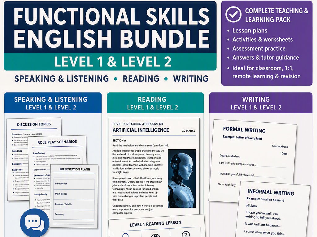 Functional Skills English Mega Bundle 2026 –2027 Reading, Writing, Speaking & Listening + Exam Practice (Level 1–2)