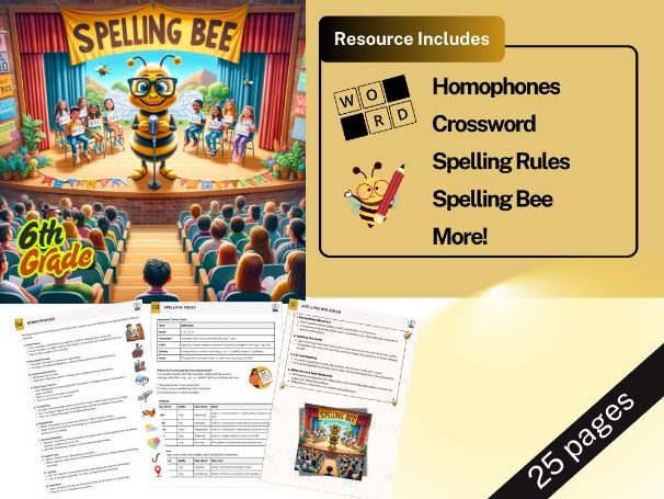 Spelling 7th Year / 6th Grade - Worksheets, Spelling Bee, Homophones, Crosswords + More