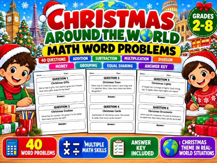 Christmas Around the World Math Word Problems | 40 Questions & Answer Key