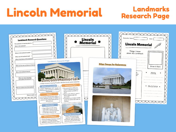 Lincoln Memorial Research Project | Landmark Worksheets & Reading Activity