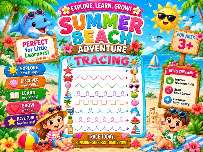 Summer Beach Tracing Worksheets | Fine Motor Skills, Pencil Control & Pre-Writing | Preschool–1