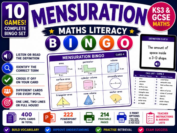 Mensuration Maths Literacy Bingo | KS3 & GCSE Measurement Vocabulary | 10 Games