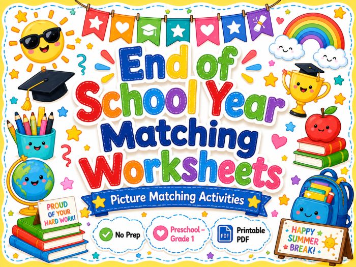 End of Year Matching Worksheets | Preschool Kindergarten 1st Grade Activities
