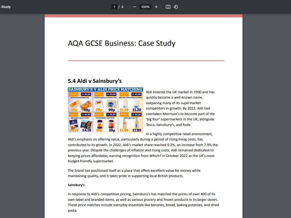 AQA GCSE Unit 5 Business Case Study Activity Pack