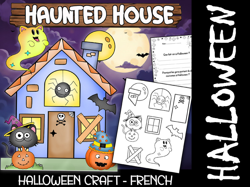 French Halloween Craft Build a Haunted House: October Display Board, Colouring pages & Writing