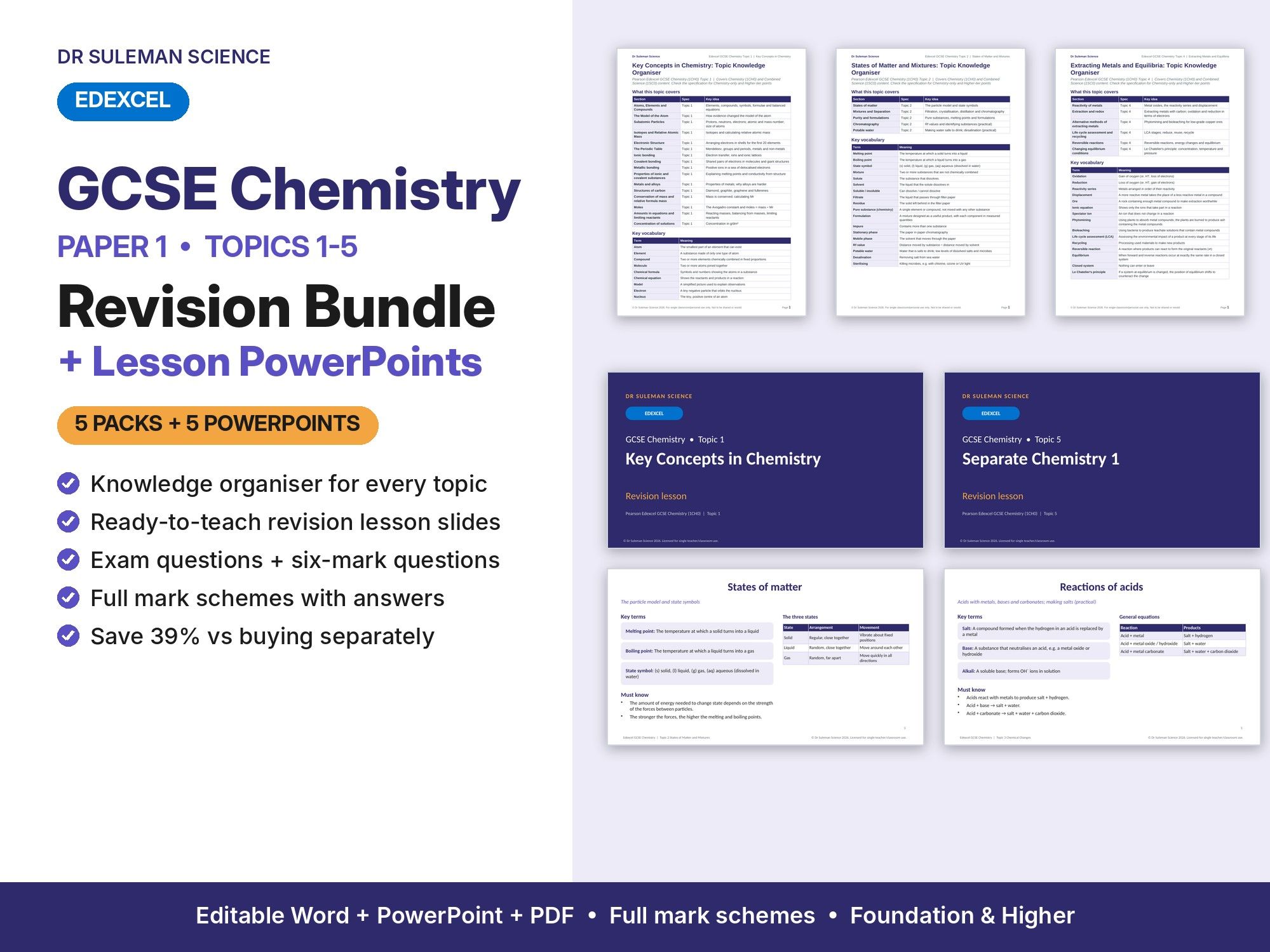 Edexcel GCSE Chemistry Paper 1 Revision Bundle + PowerPoints (Topics 1-5)
