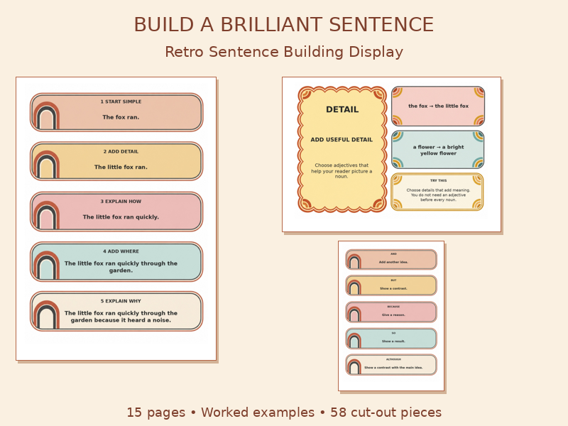 Retro Sentence Building Display | Sentence Expansion, Starters & Conjunctions