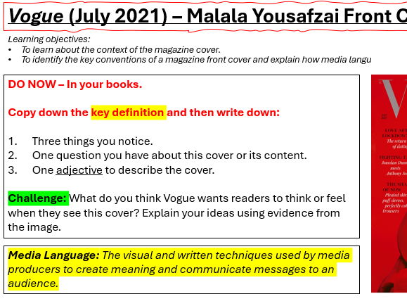 GCSE Media Studies (WJEC/Eduqas) – Vogue (July 2021) Malala Yousafzai: Media Language Lesson