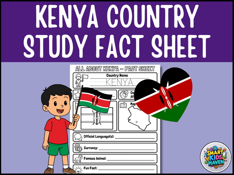 Kenya Printable Worksheets Map and Flag Country Study Research Project.