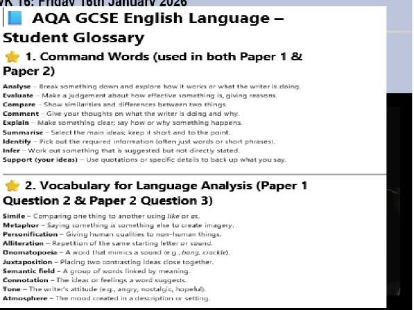 New 2026 AQA GCSE English Language Student Glossary Paper 1 & Paper 2