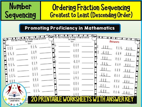 Ordering Fractions – Greatest to Least (Descending Order) Worksheet Practice Activities