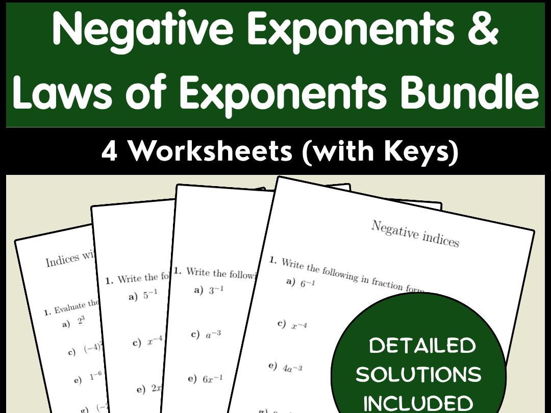 Negative Exponents & Laws of Exponents Bundle - 4 Worksheets (with Keys)