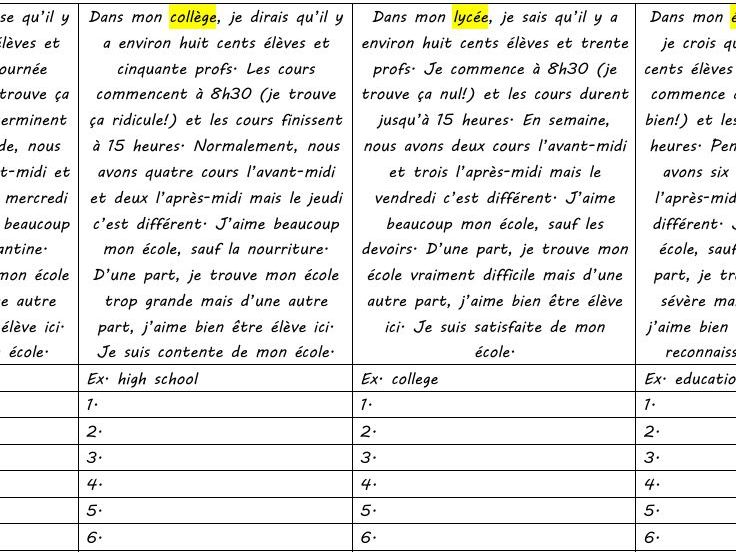 4 Texts - le collège (school) - French
