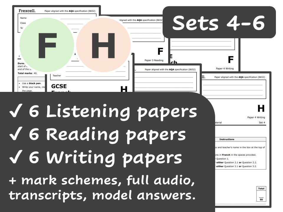 AQA GCSE French (2026) – Foundation & Higher Practice Paper Pack (Sets 4-6)