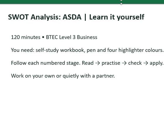 SWOT Analysis – ASDA Case Study | 2-Hour Independent Learning Lesson | BTEC Business Level 3