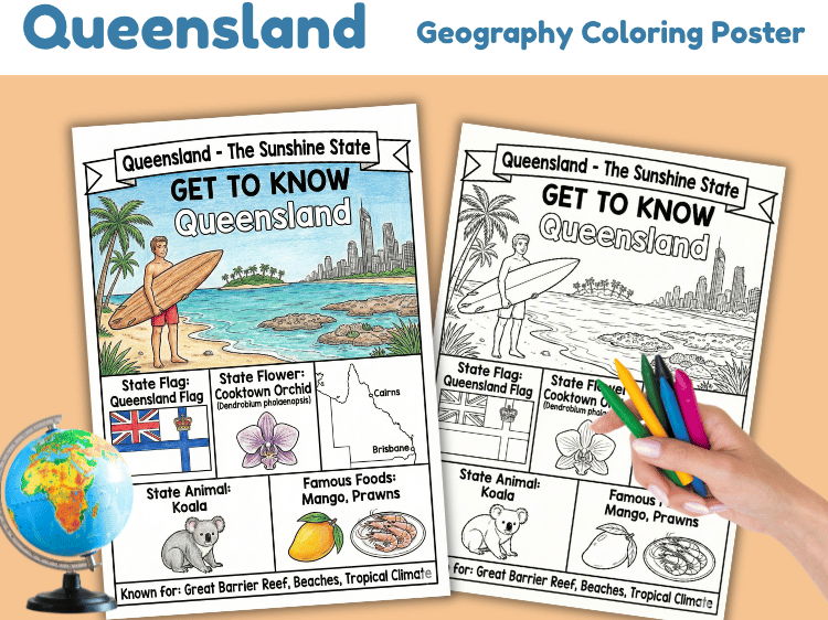 Queensland Geography Coloring Poster | Australian State Facts