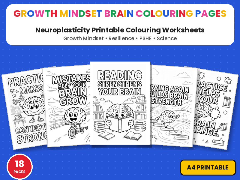 Growth Mindset Brain Colouring Pages | Neuroplasticity Printable Colouring Page Worksheets | PSHE