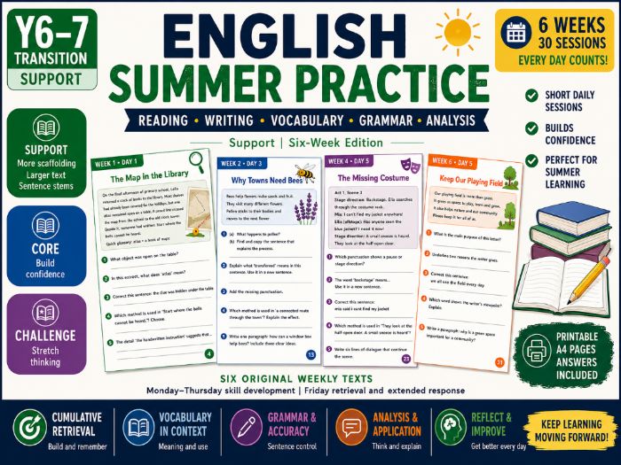 Year 6 to Year 7 English Summer Transition Booklet – Support | 30 Sessions & Answers